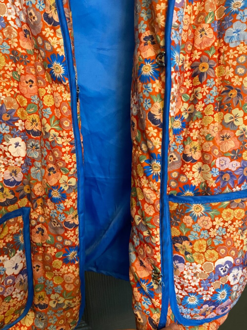 Womens Floral Quilted Jacket Medium Orange Blue Lightweight Puffer Coat Boho Poc - Picture 7 of 9